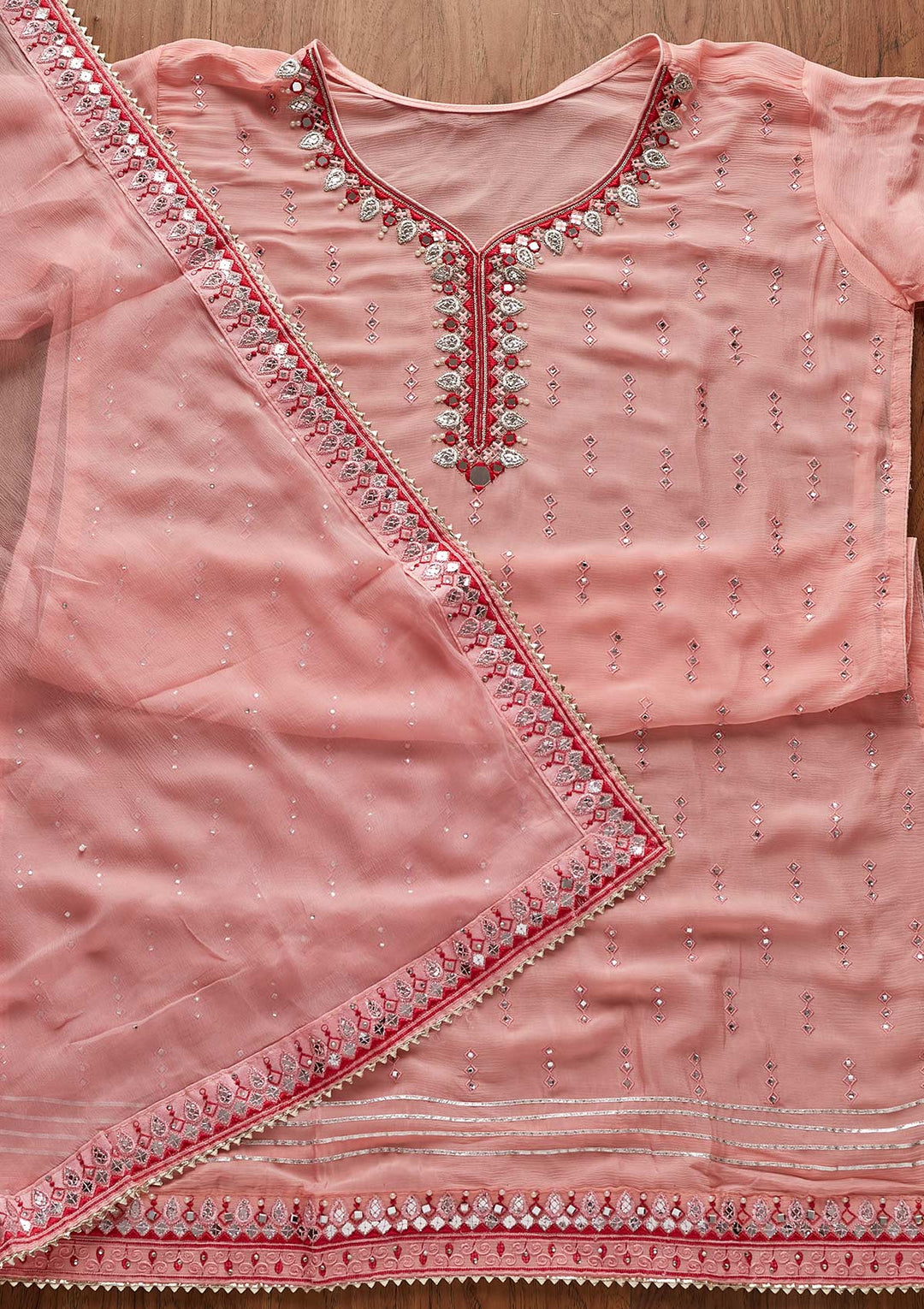 Baby Pink Mirrorwork Semi Crepe Designer Semi-Stitched Salwar Suit - koskii