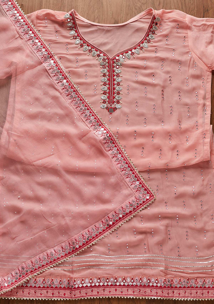 Baby Pink Mirrorwork Semi Crepe Designer Semi-Stitched Salwar Suit - koskii