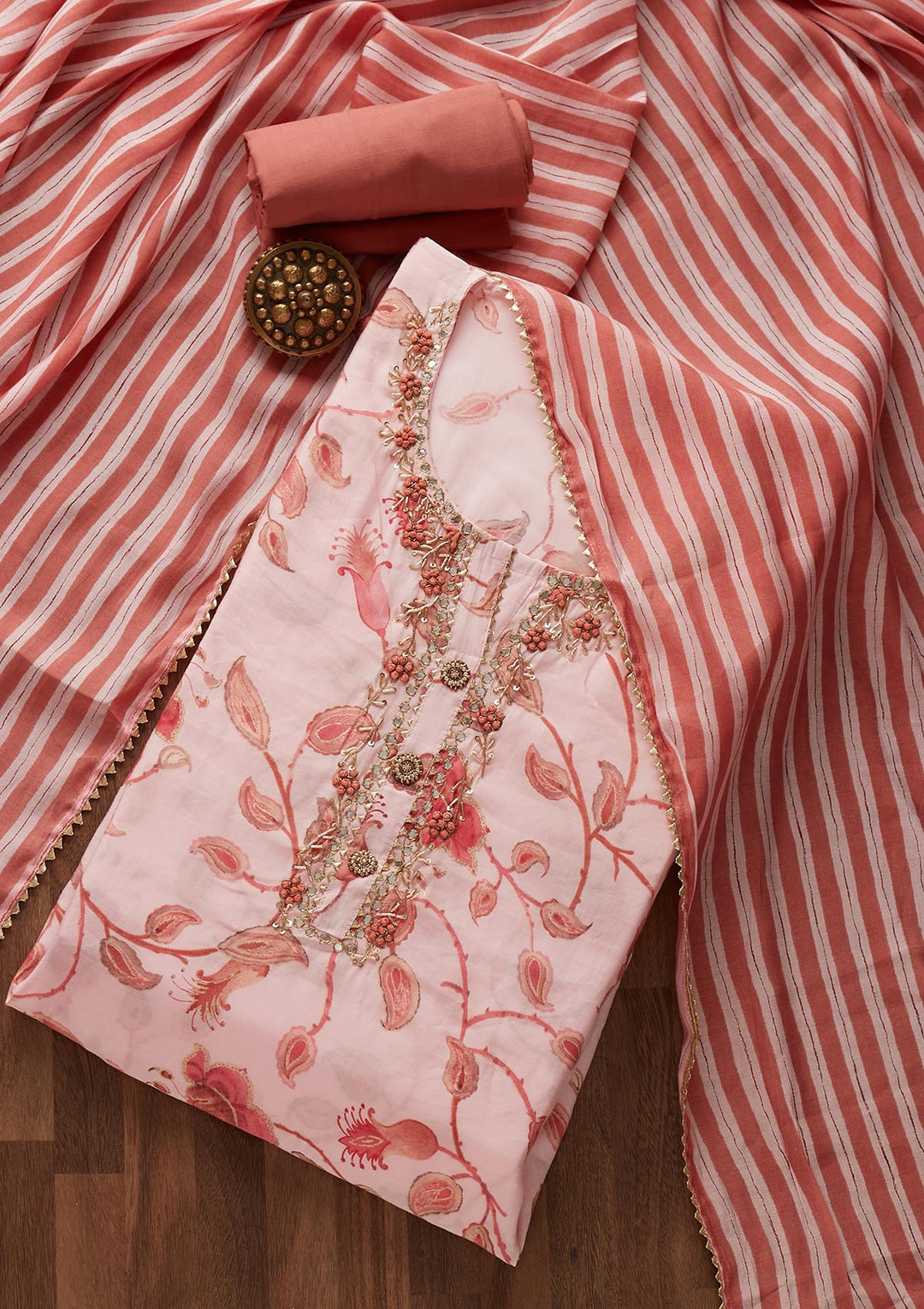Baby Pink Mirrorwork Semi Crepe Designer Semi-Stitched Salwar Suit - Koskii
