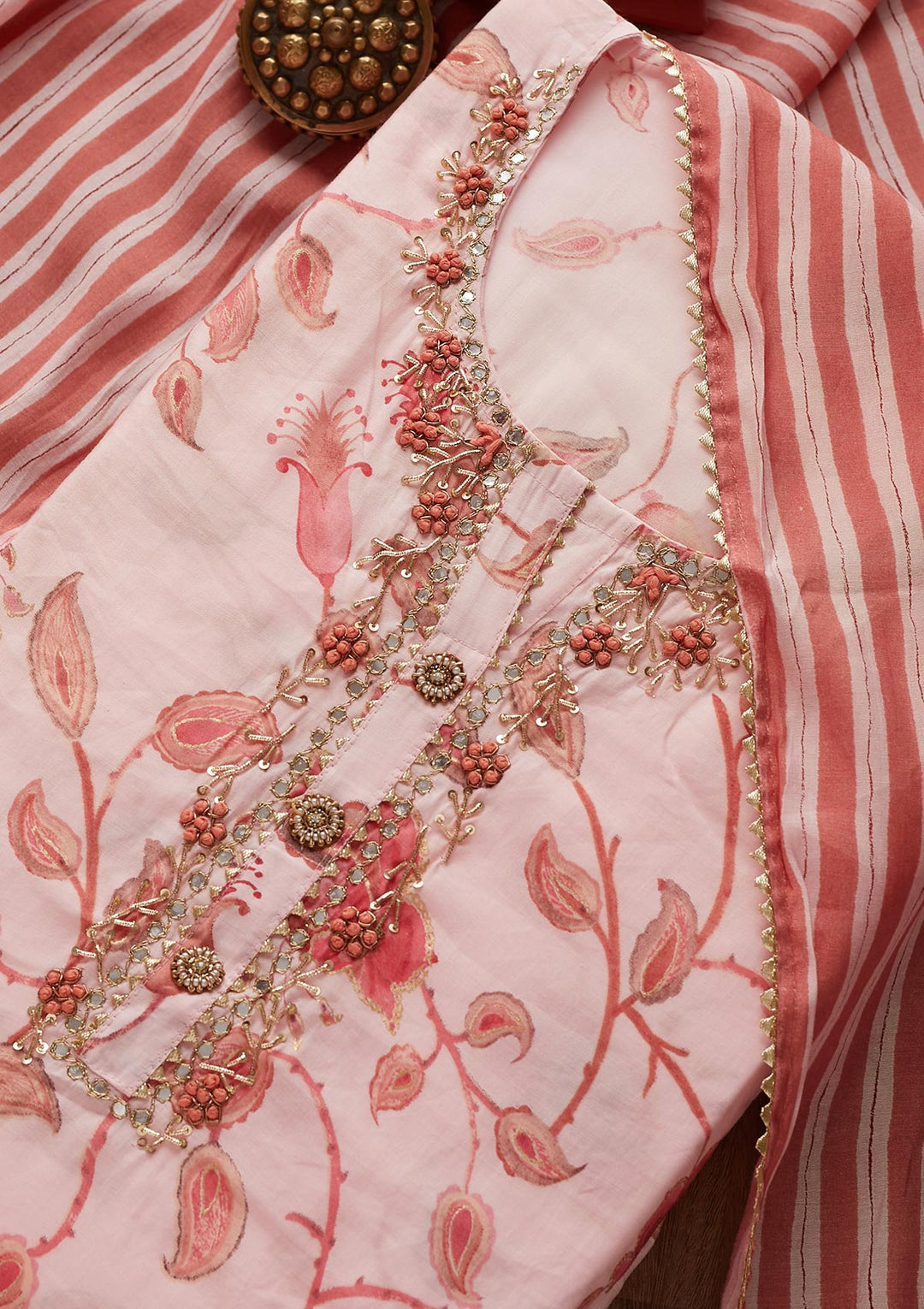 Baby Pink Mirrorwork Semi Crepe Designer Semi-Stitched Salwar Suit - Koskii