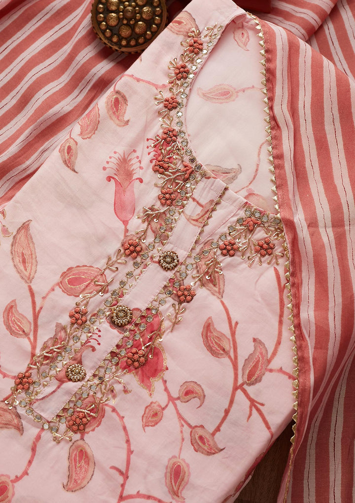 Baby Pink Mirrorwork Semi Crepe Designer Semi-Stitched Salwar Suit - Koskii