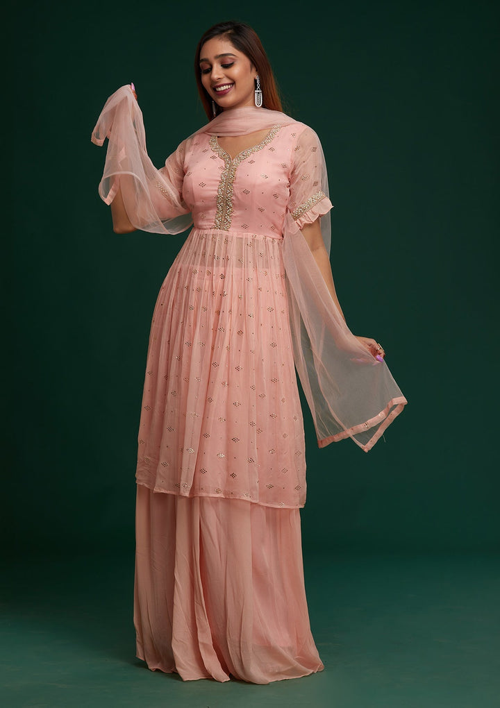 Baby Pink Pearlwork Georgette Designer Salwar Suit - Koskii