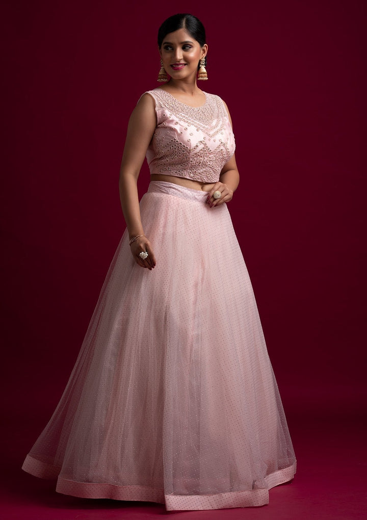 Baby Pink Pearlwork Net Designer Lehenga - koskii
