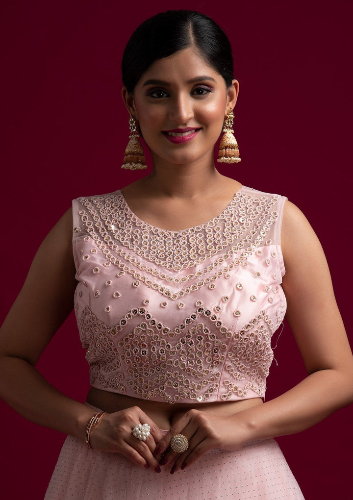 Baby Pink Pearlwork Net Designer Lehenga - koskii