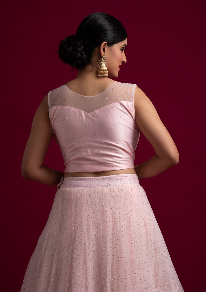 Baby Pink Pearlwork Net Designer Lehenga - koskii