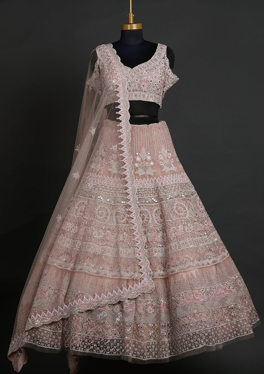 Baby Pink Pearlwork Net Designer Lehenga - koskii
