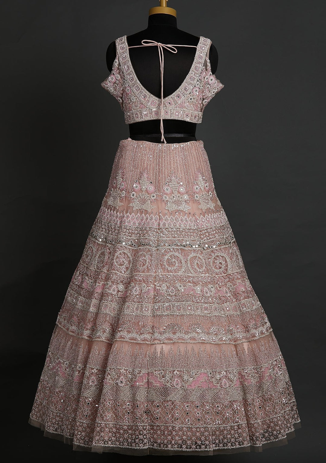 Baby Pink Pearlwork Net Designer Lehenga - koskii