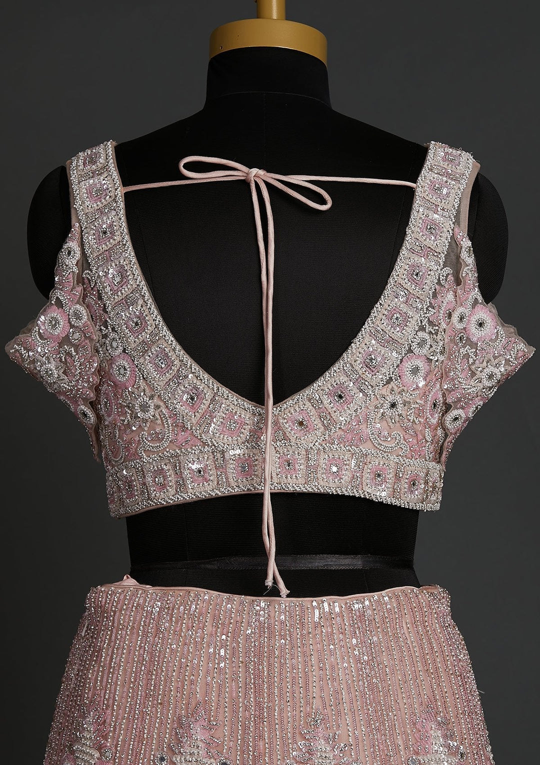Baby Pink Pearlwork Net Designer Lehenga - koskii