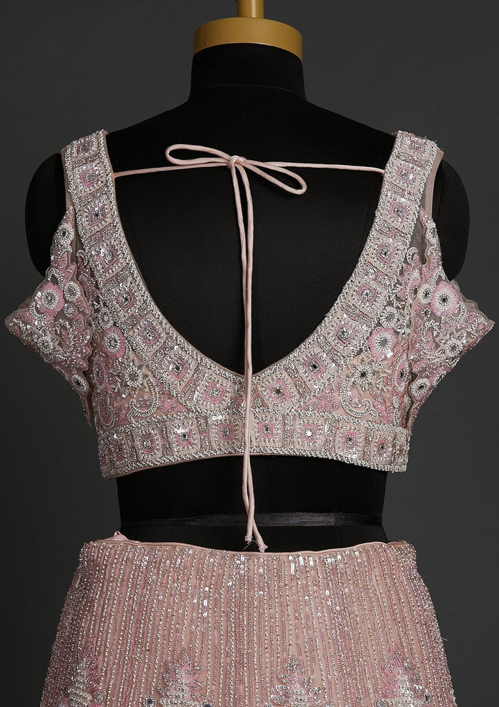 Baby Pink Pearlwork Net Designer Lehenga - koskii