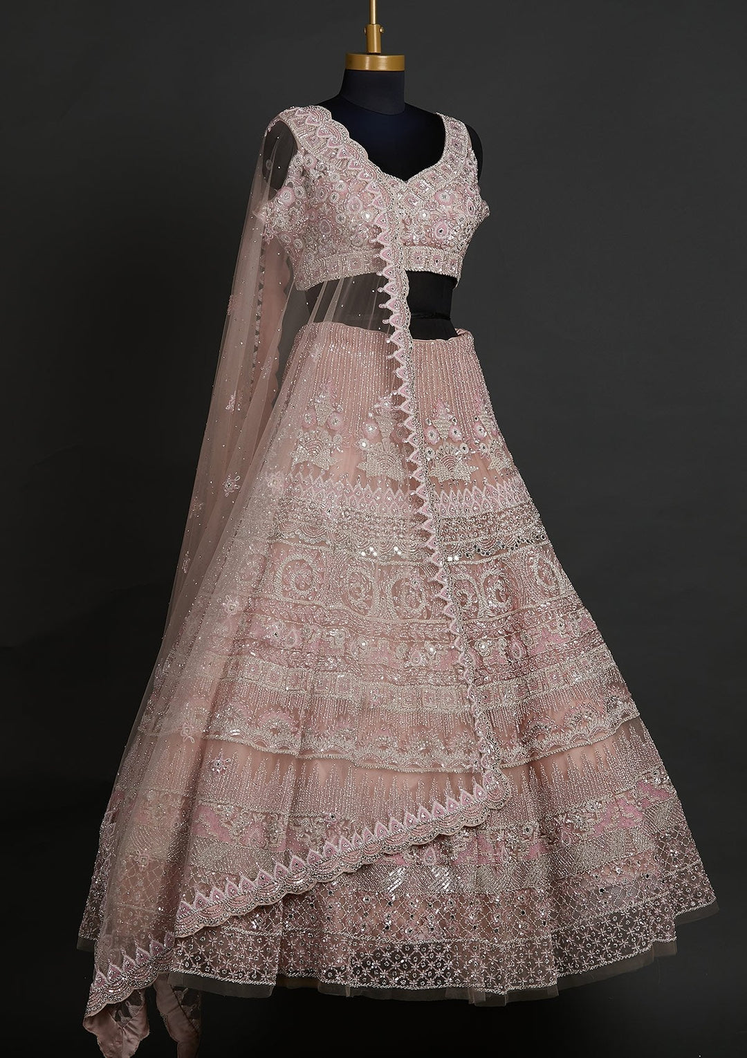 Baby Pink Pearlwork Net Designer Lehenga - koskii