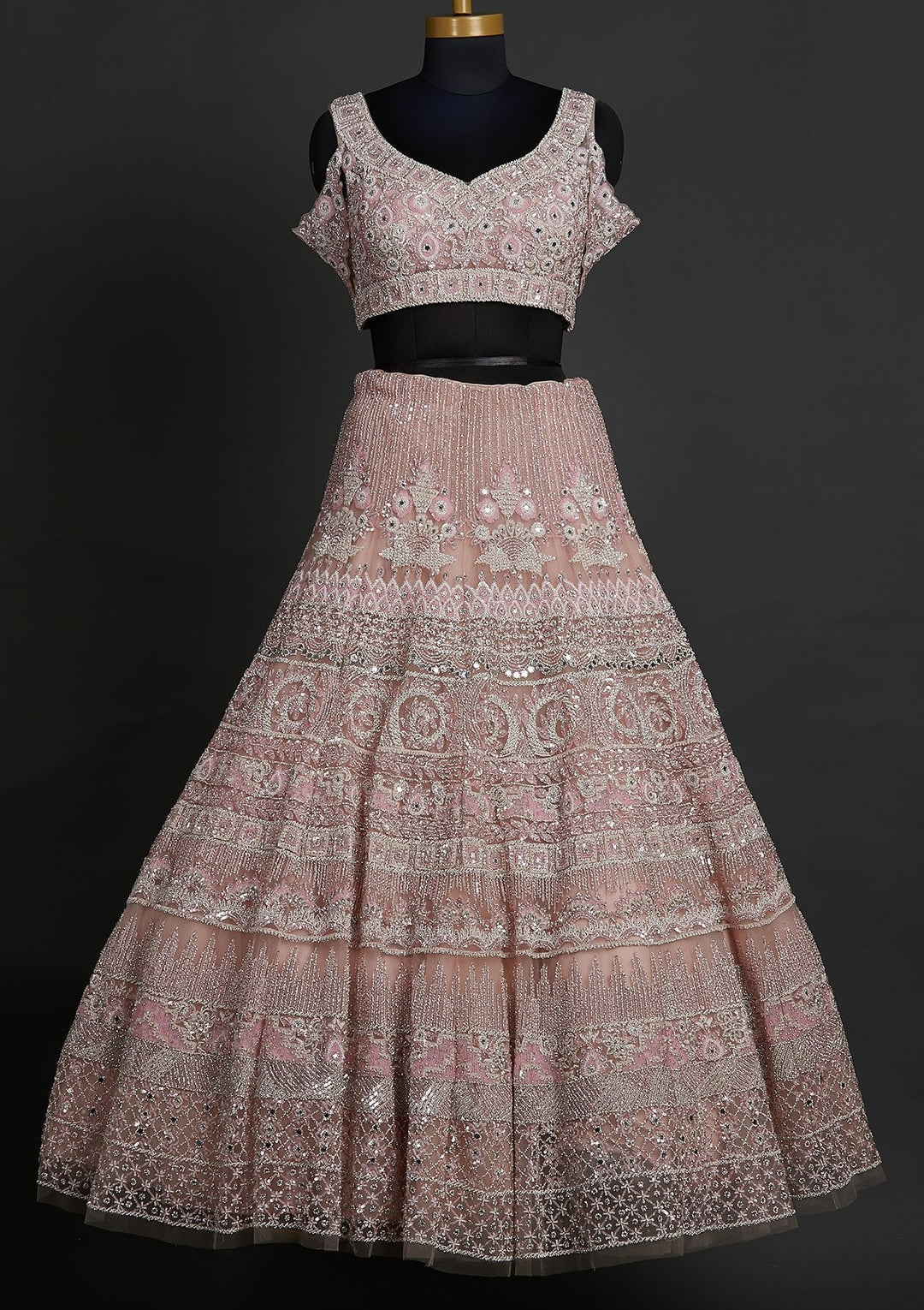 Baby Pink Pearlwork Net Designer Lehenga - koskii