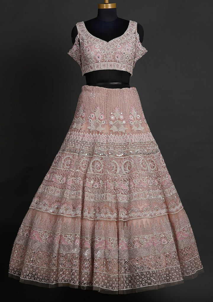Baby Pink Pearlwork Net Designer Lehenga - koskii