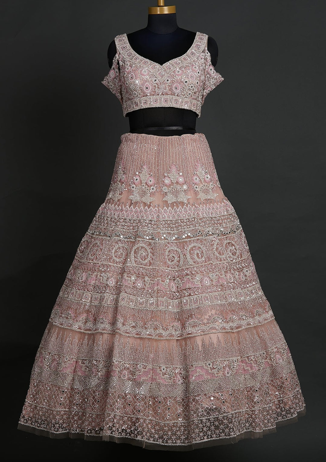 Baby Pink Pearlwork Net Designer Lehenga - koskii