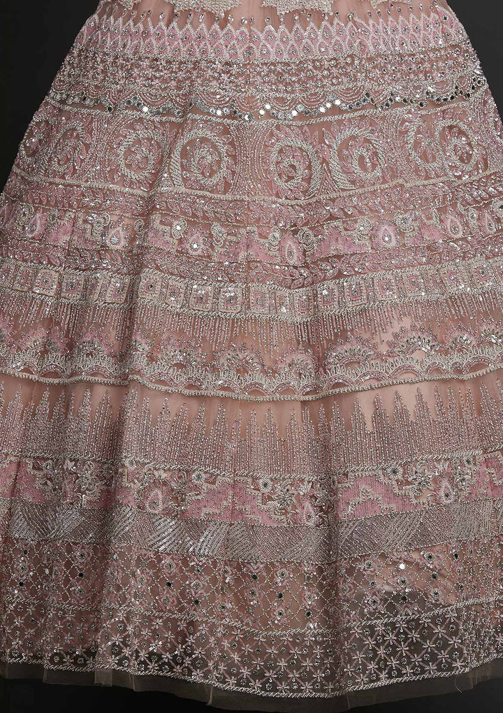 Baby Pink Pearlwork Net Designer Lehenga - koskii