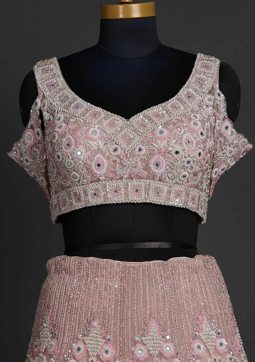 Baby Pink Pearlwork Net Designer Lehenga - koskii