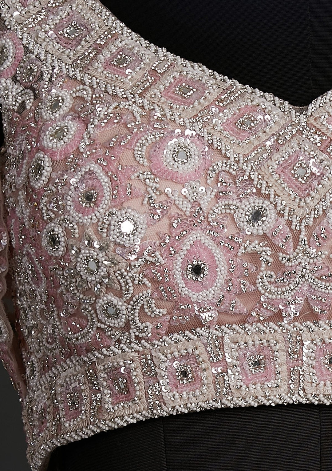 Baby Pink Pearlwork Net Designer Lehenga - koskii