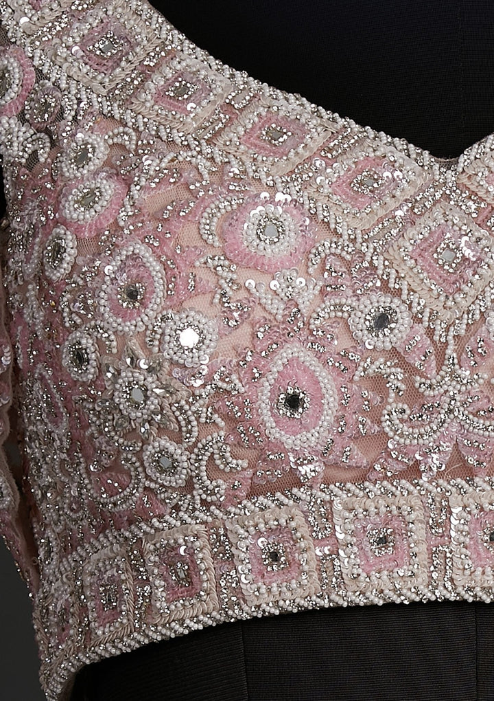 Baby Pink Pearlwork Net Designer Lehenga - koskii