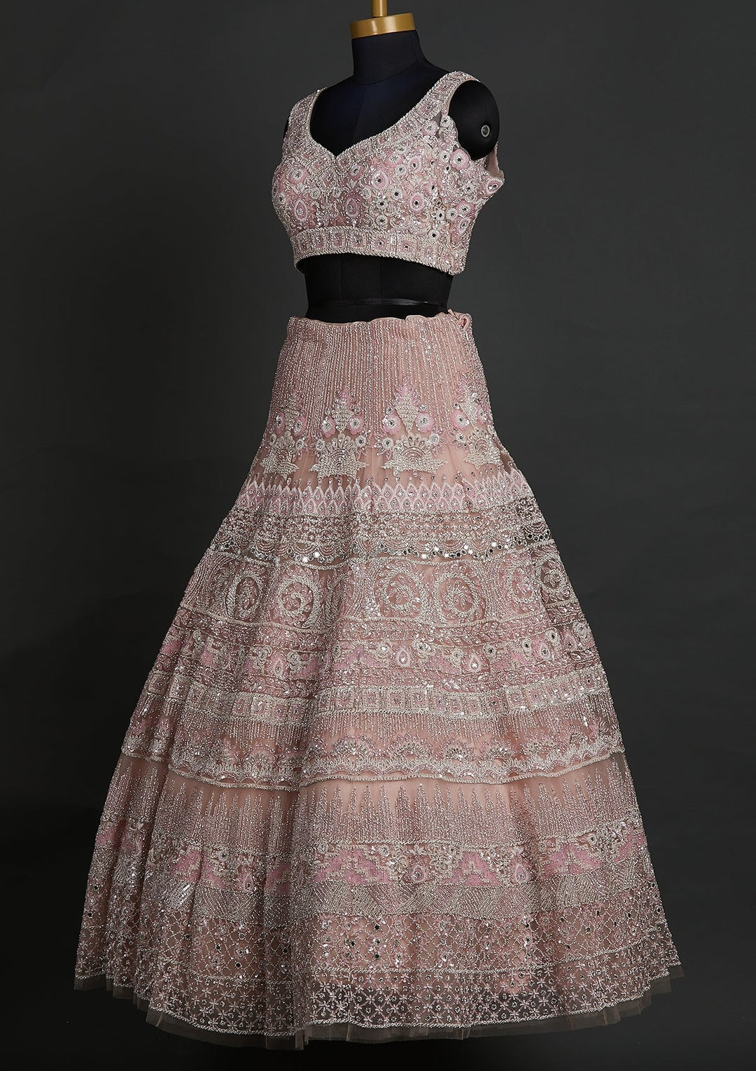 Baby Pink Pearlwork Net Designer Lehenga - koskii