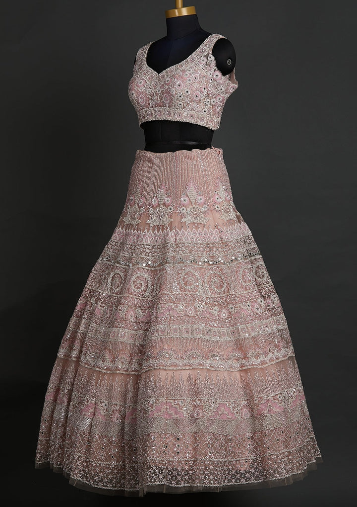 Baby Pink Pearlwork Net Designer Lehenga - koskii