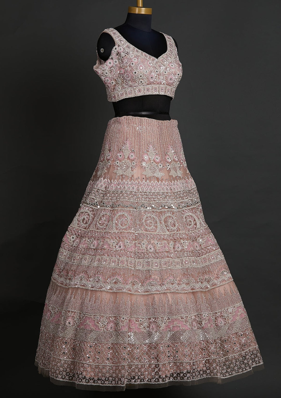 Baby Pink Pearlwork Net Designer Lehenga - koskii