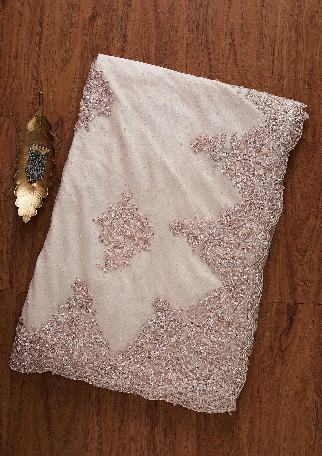 Baby Pink Pearlwork Net Designer Saree - koskii