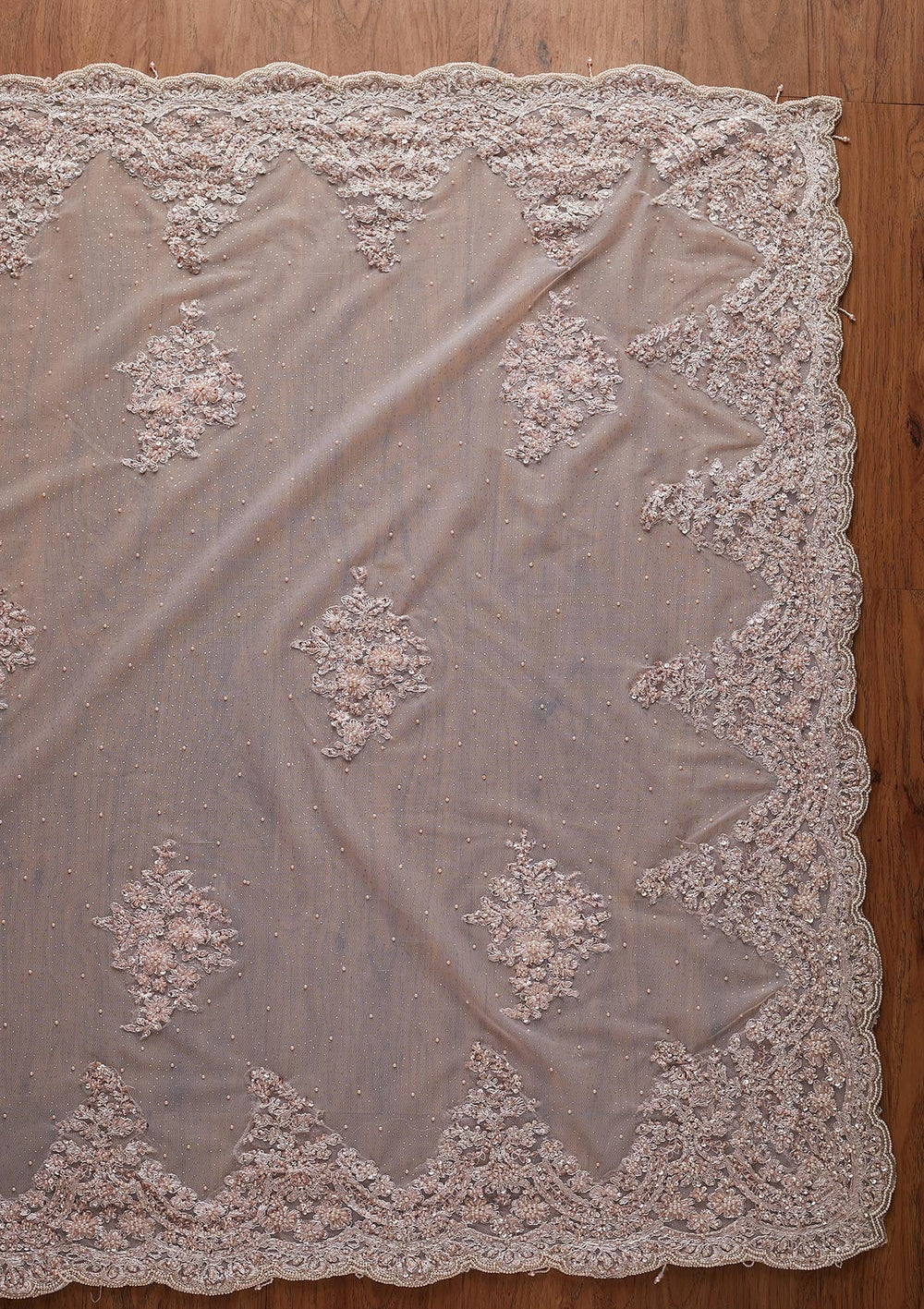 Baby Pink Pearlwork Net Designer Saree - koskii