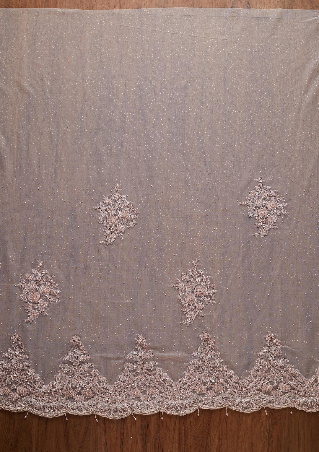 Baby Pink Pearlwork Net Designer Saree - koskii
