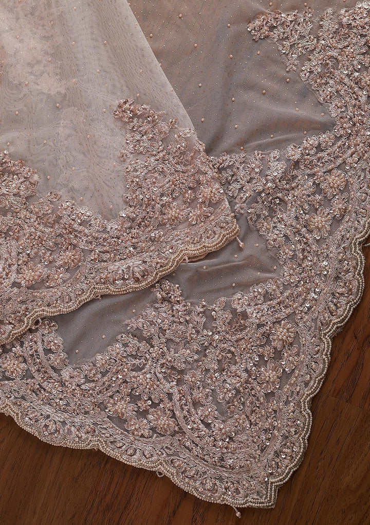Baby Pink Pearlwork Net Designer Saree - koskii