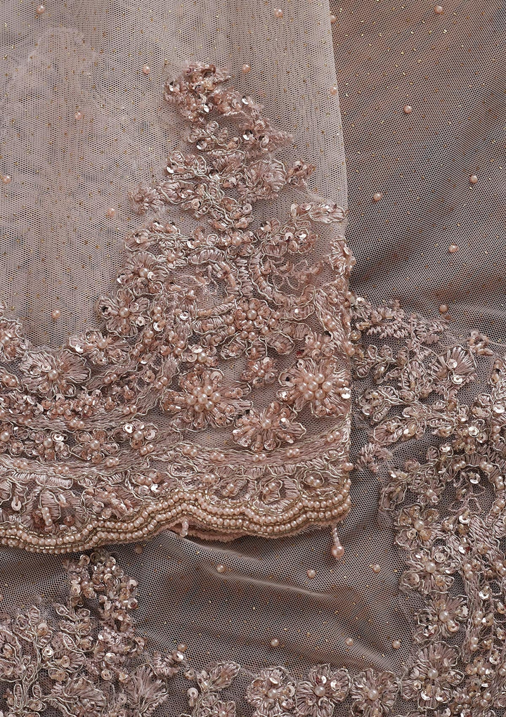 Baby Pink Pearlwork Net Designer Saree - koskii