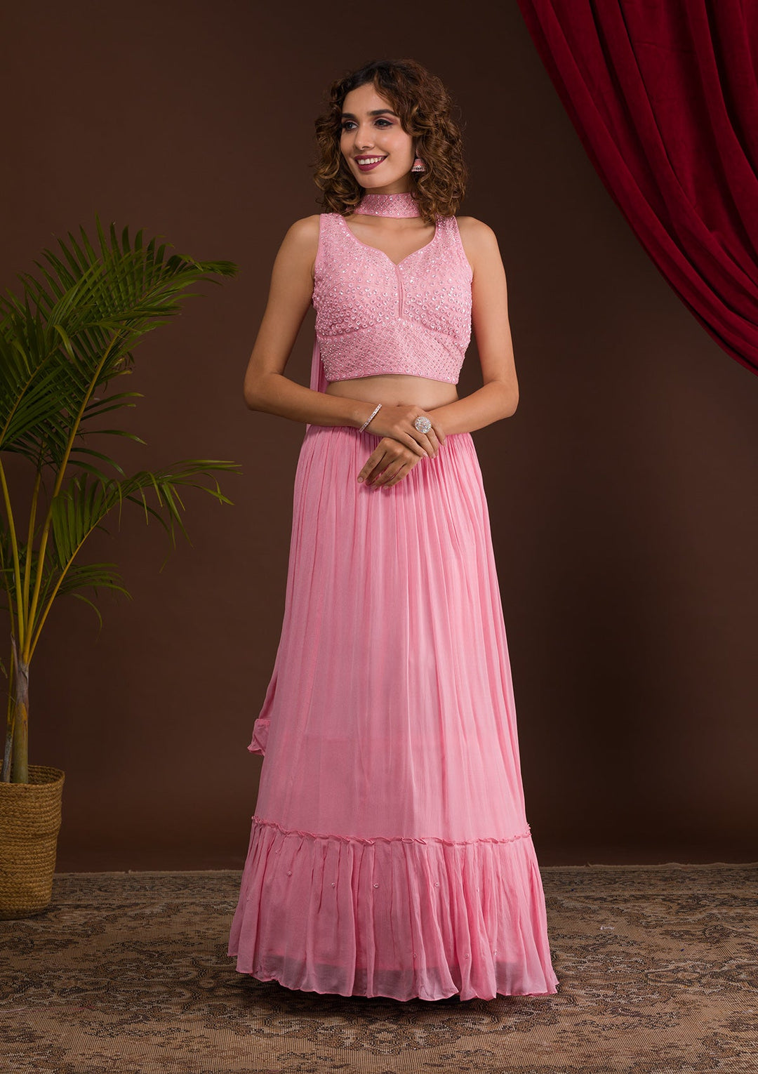 Baby Pink Sequins Georgette Designer Lehenga-Koskii