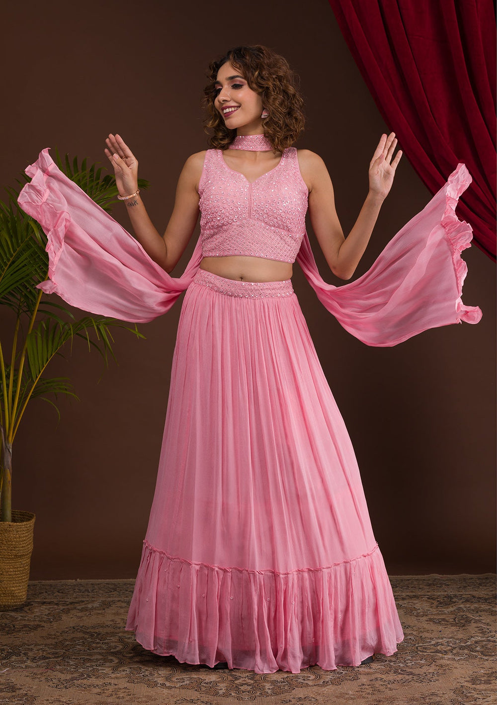 Baby Pink Sequins Georgette Readymade Lehenga-Koskii