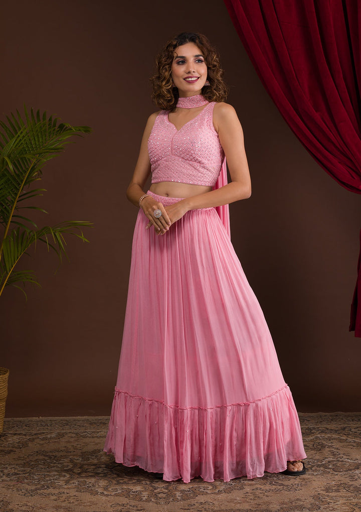 Baby Pink Sequins Georgette Readymade Lehenga-Koskii