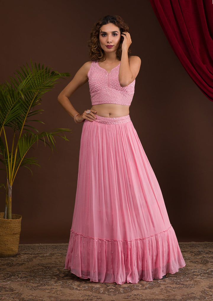 Baby Pink Sequins Georgette Readymade Lehenga-Koskii