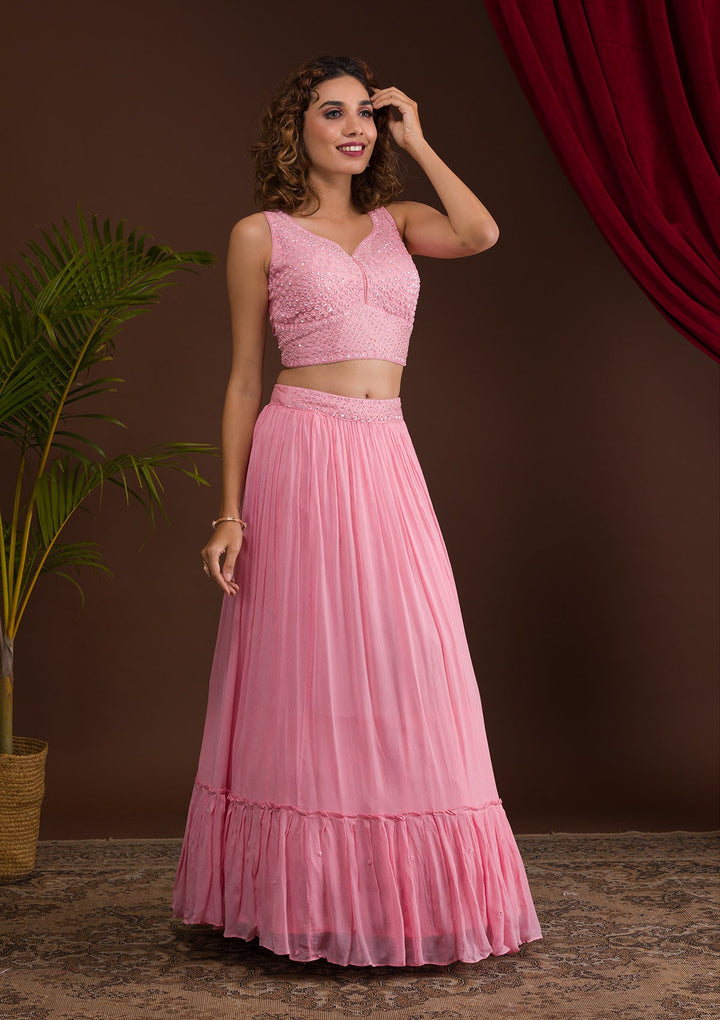 Baby Pink Sequins Georgette Readymade Lehenga-Koskii