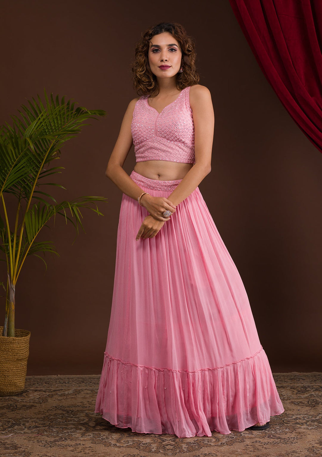 Baby Pink Sequins Georgette Readymade Lehenga-Koskii