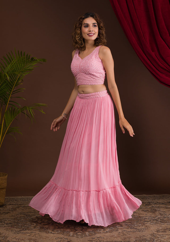 Baby Pink Sequins Georgette Readymade Lehenga-Koskii