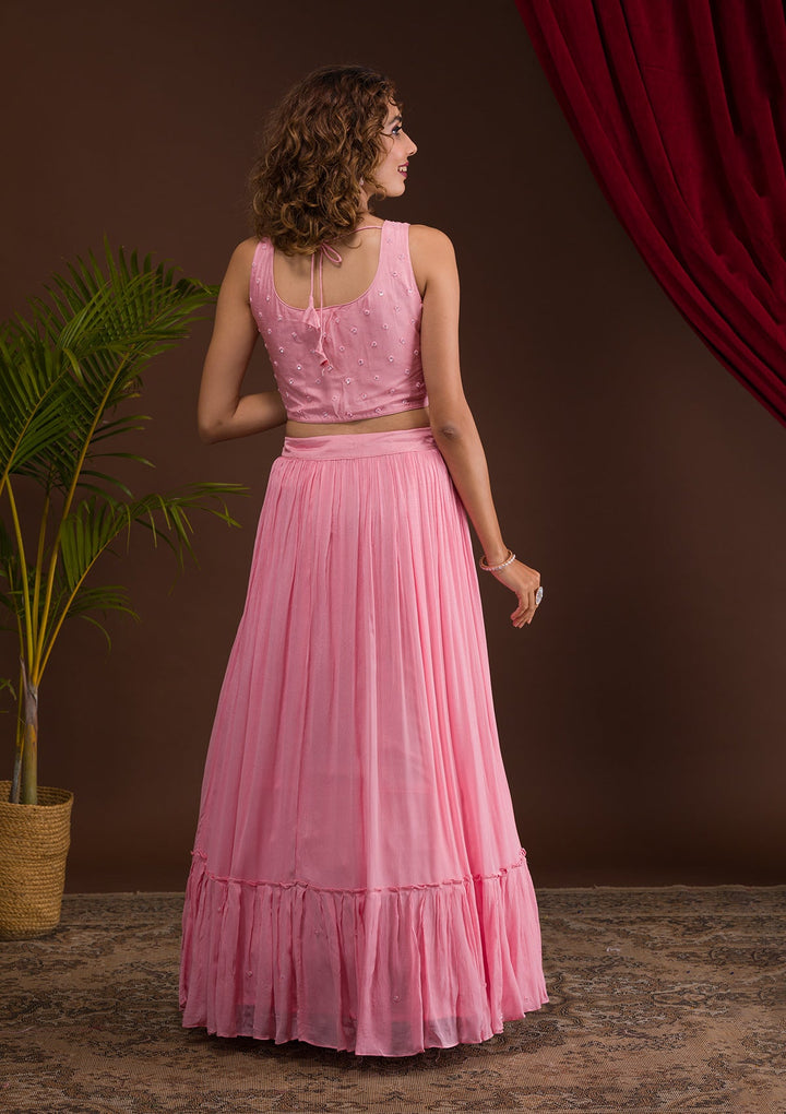Baby Pink Sequins Georgette Readymade Lehenga-Koskii