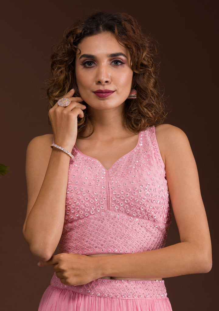 Baby Pink Sequins Georgette Readymade Lehenga-Koskii