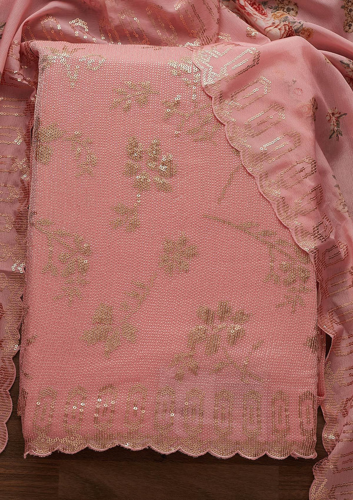 Baby Pink Sequins Georgette Designer Unstitched Salwar Suit - Koskii