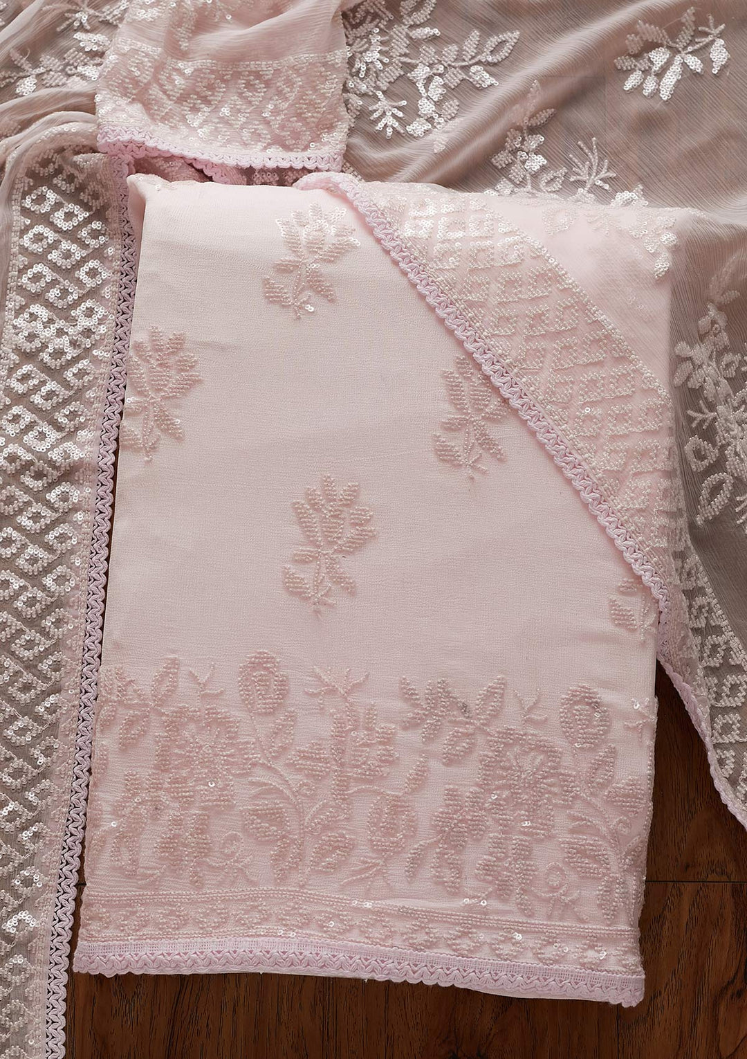 Baby Pink Sequins Georgette Designer Unstitched Salwar Suit - koskii