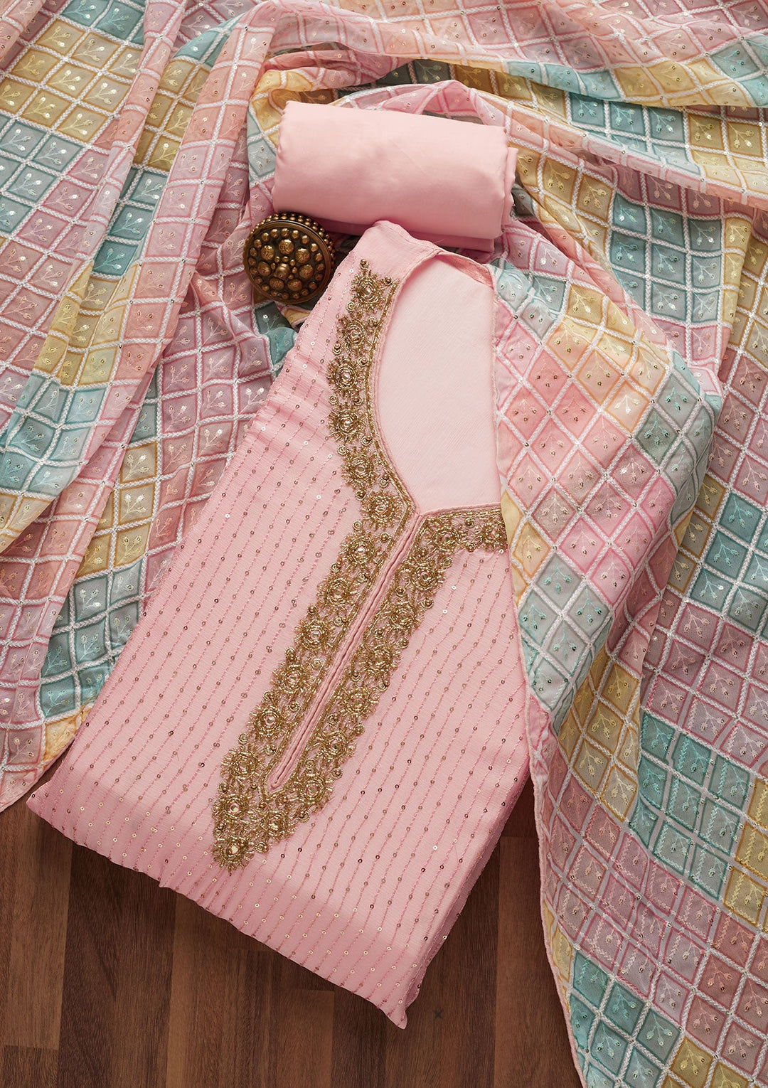 Baby Pink Sequins Georgette Unstitched Salwar Suit-Koskii