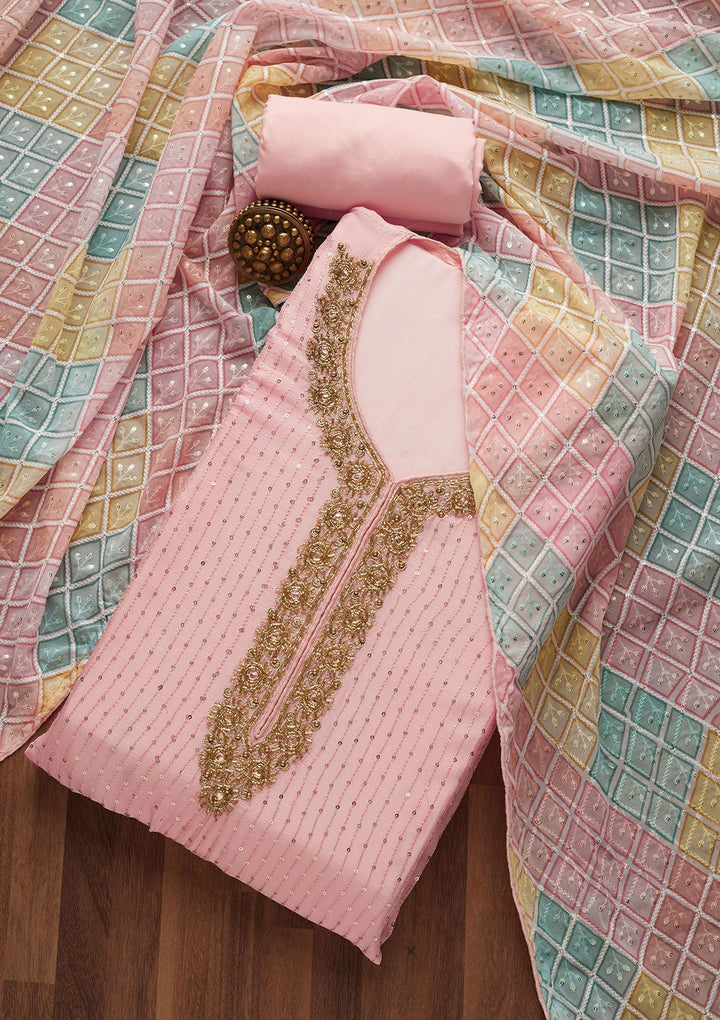 Baby Pink Sequins Georgette Unstitched Salwar Suit-Koskii