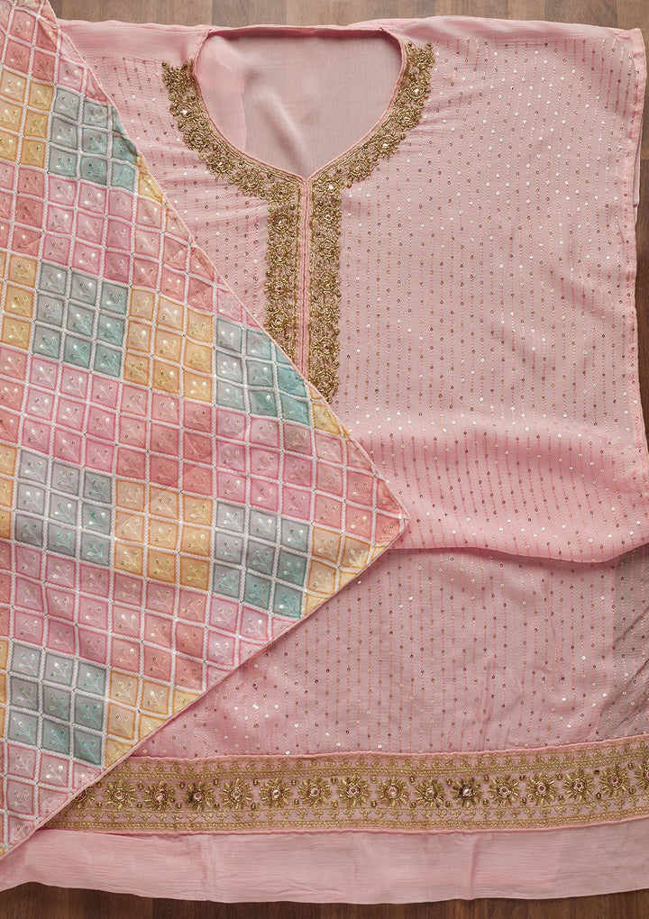 Baby Pink Sequins Georgette Unstitched Salwar Suit-Koskii