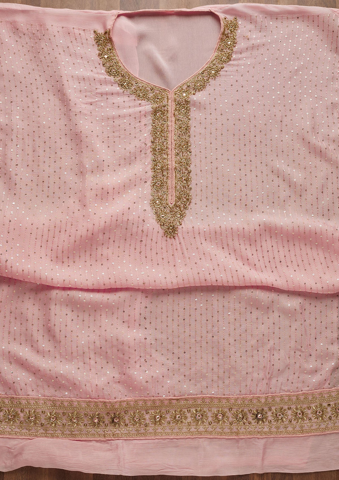 Baby Pink Sequins Georgette Unstitched Salwar Suit-Koskii