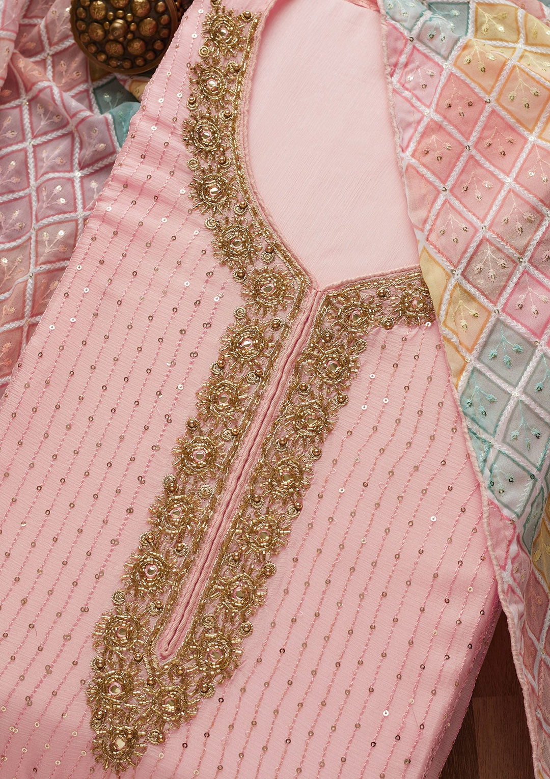 Baby Pink Sequins Georgette Unstitched Salwar Suit-Koskii