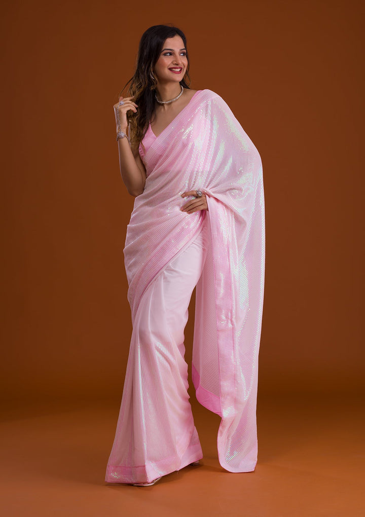Baby Pink Sequins Georgette Saree-Koskii