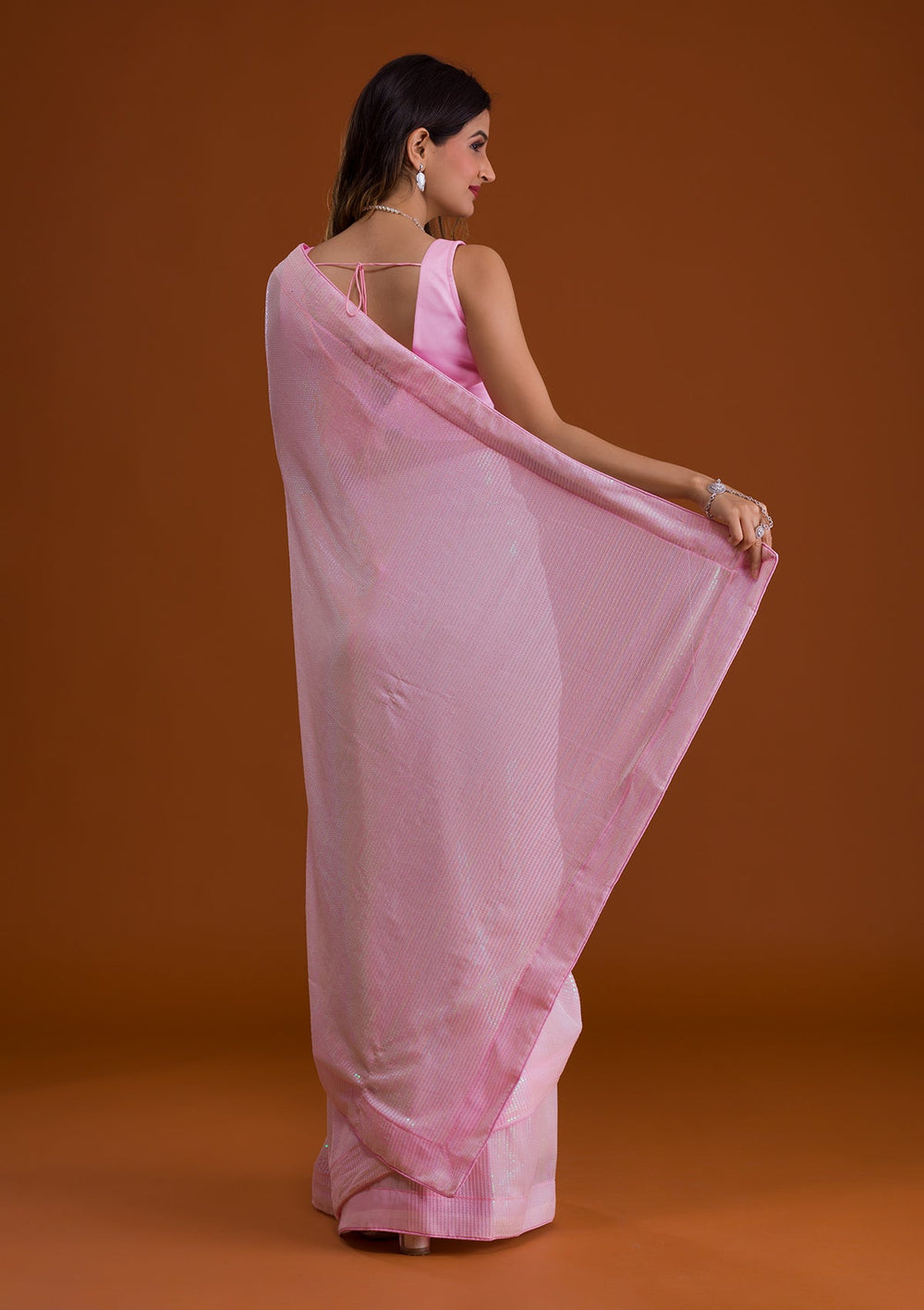 Baby Pink Sequins Georgette Saree-Koskii