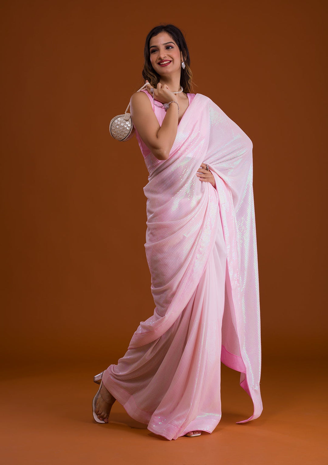 Baby Pink Sequins Georgette Saree-Koskii