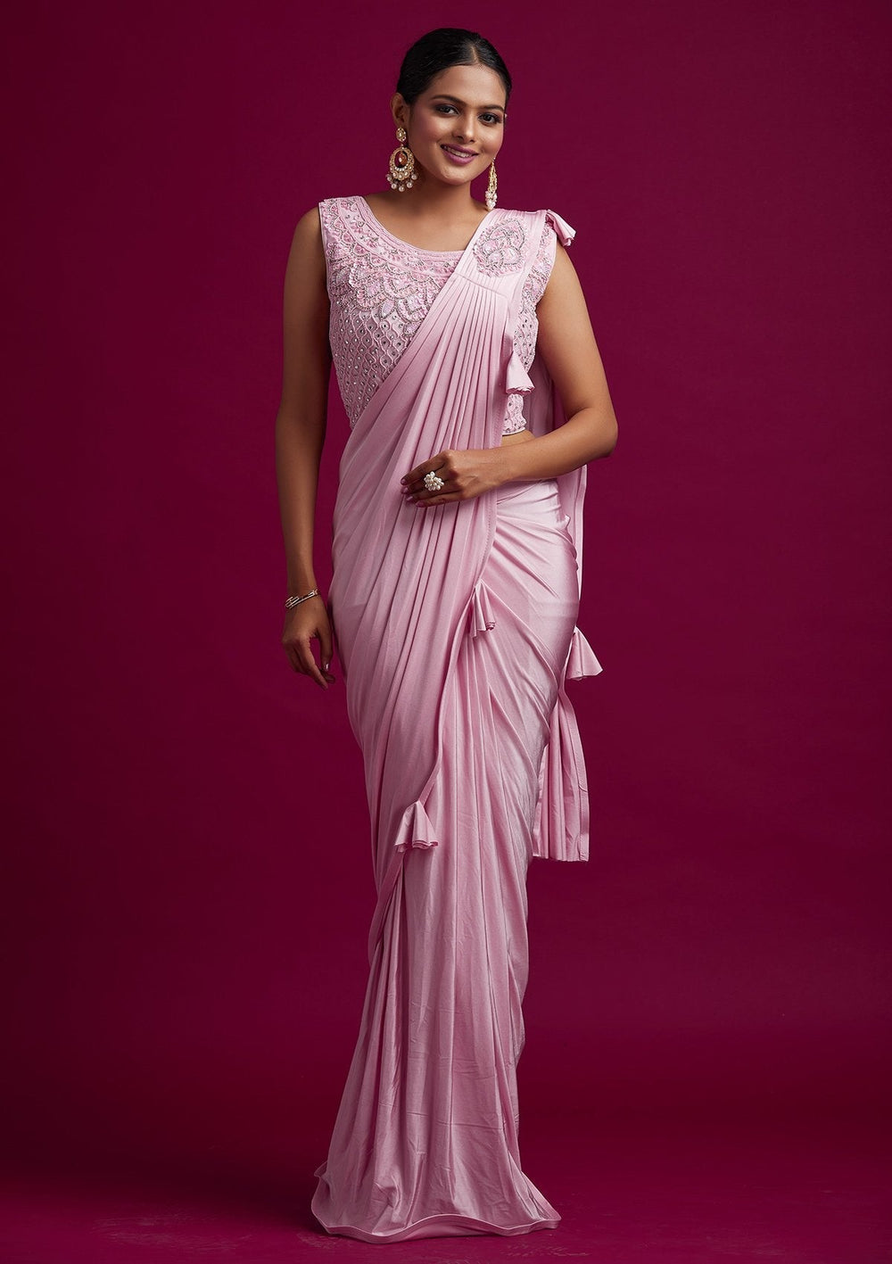 Baby Pink Sequins Lycra Designer Saree - koskii
