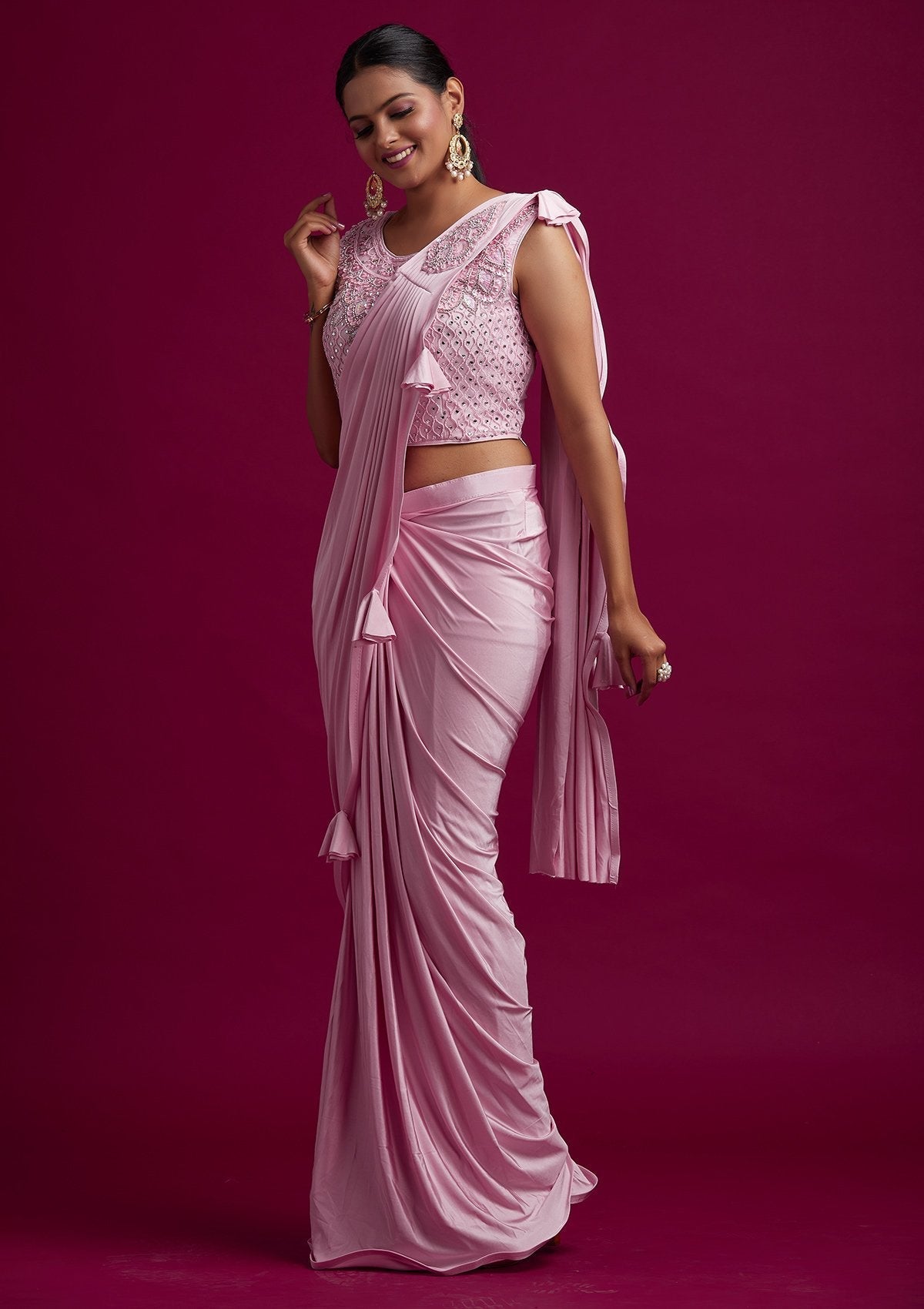 Baby Pink Sequins Lycra Designer Saree - koskii